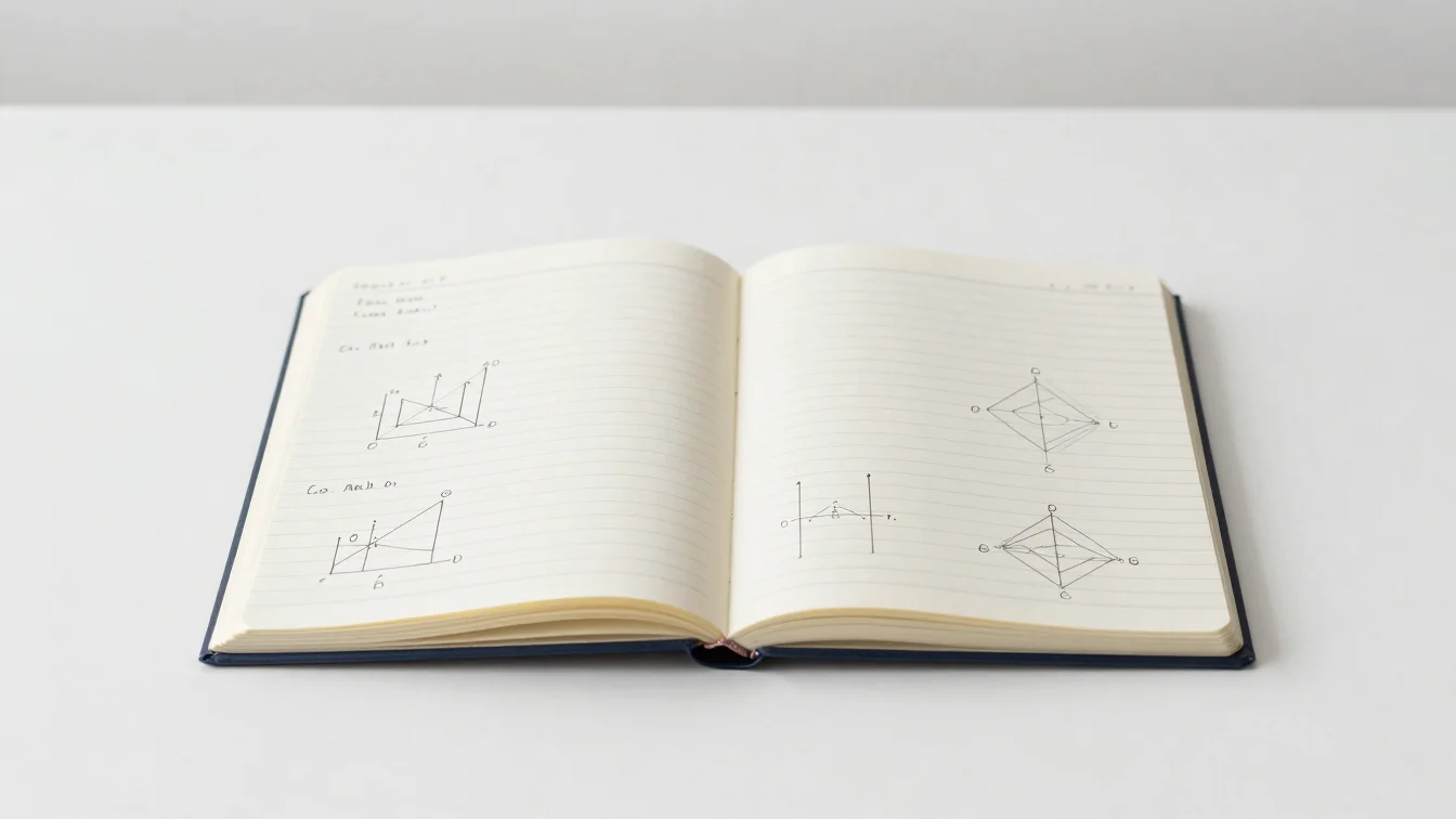 Clean educational photography, open notebook with technical notes and technical drawing tools, minimal desk.