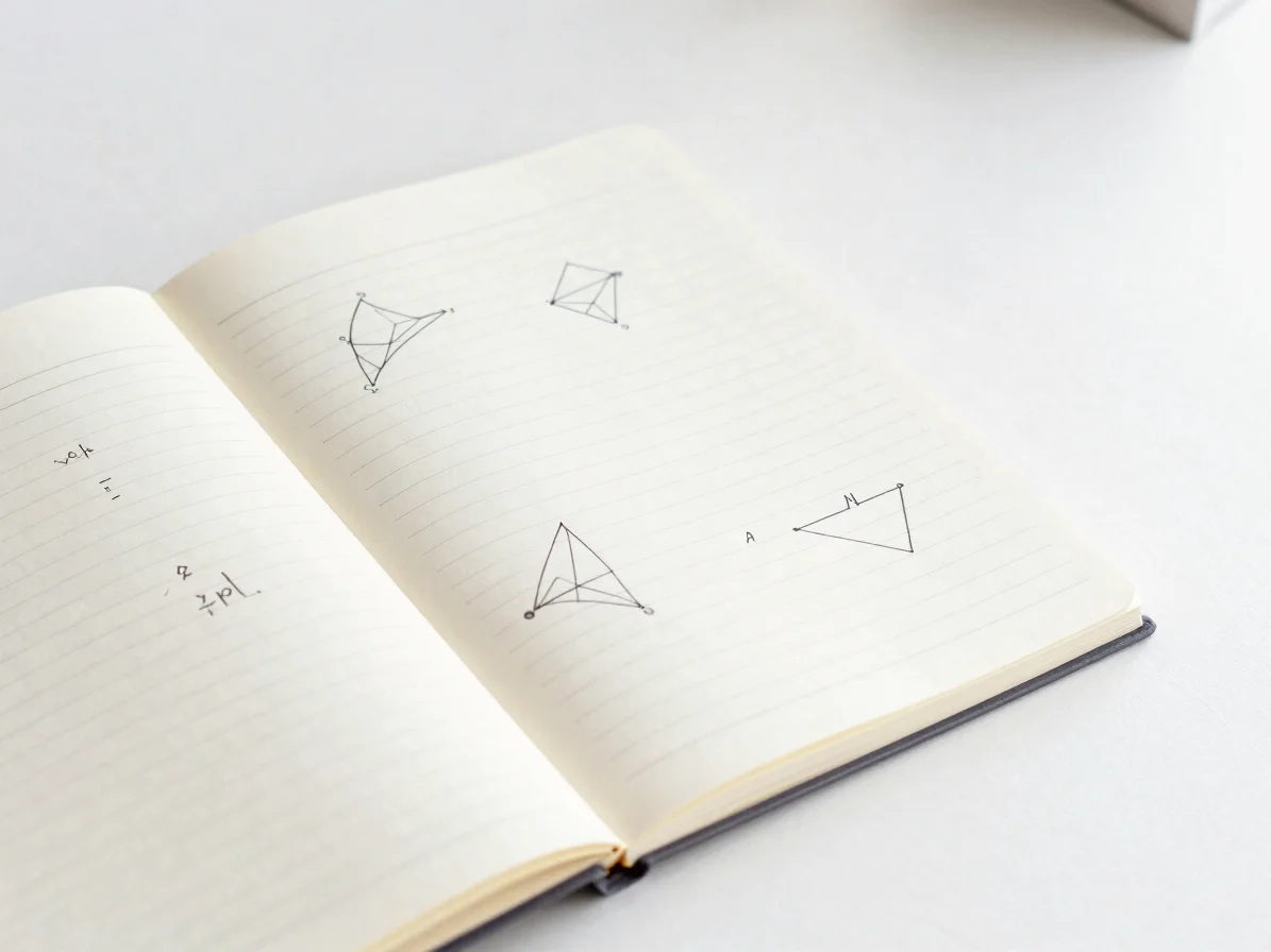Cuaderno de apuntes limpios con trazados geométricos precisos y fórmulas ordenadas bajo luz diurna suave de estudio